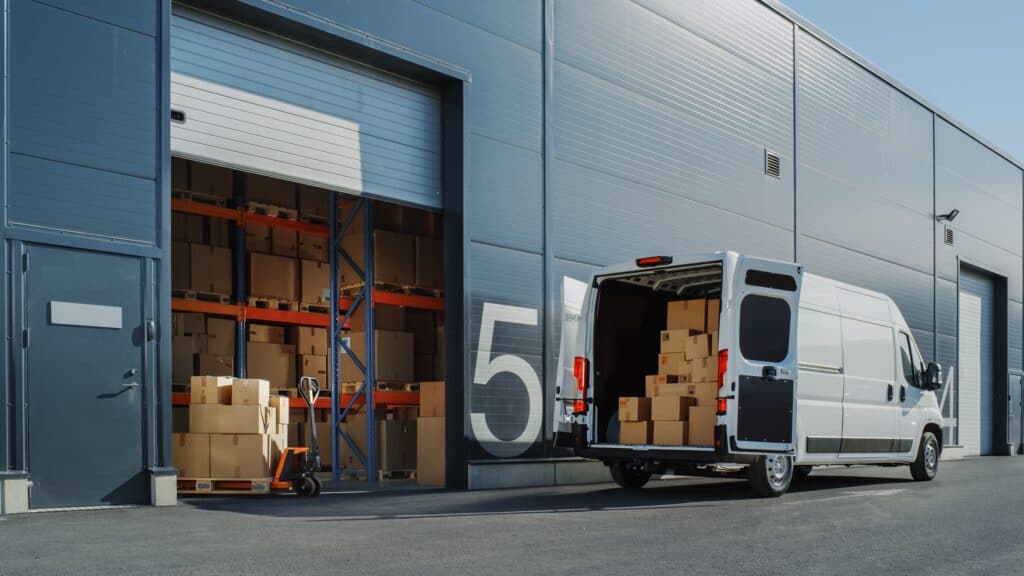 A delivery van parked outside a 3PL provider warehouse.