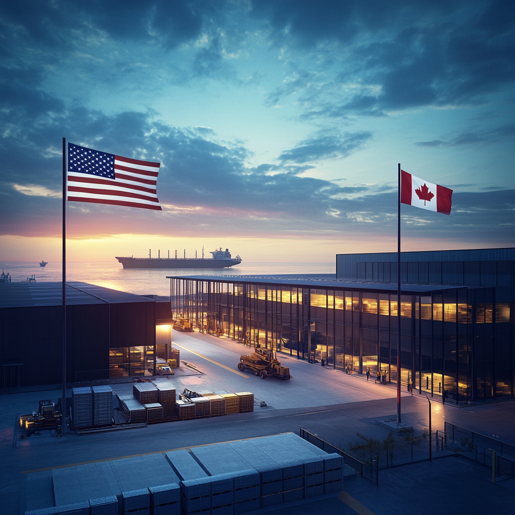 A shipping site at dusk that features only one USA flag and only one Canada flag, symbolizing the close trade relationship of the two countries. The design incorporates clear sightlines, visibility into the shipping dock area with the focal point being the flags flying. Shipping containers are stacked around the area with forklifts and equipment moving goods around the dock. In the background, the ocean can be seen and ships are in the distance.