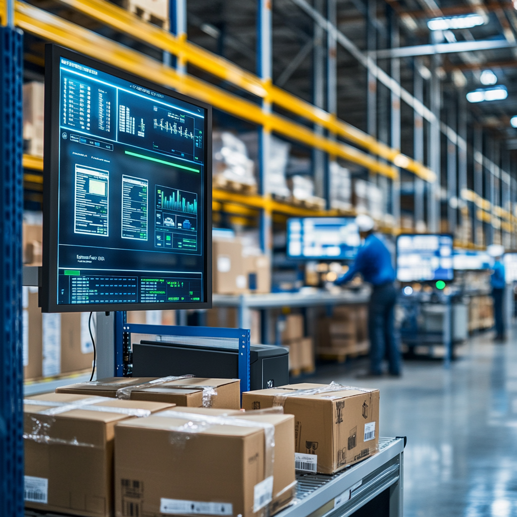 High-tech warehouse with organized shelves, workers using barcode scanners, and an automated packing station, highlighting efficient E-commerce fulfillment