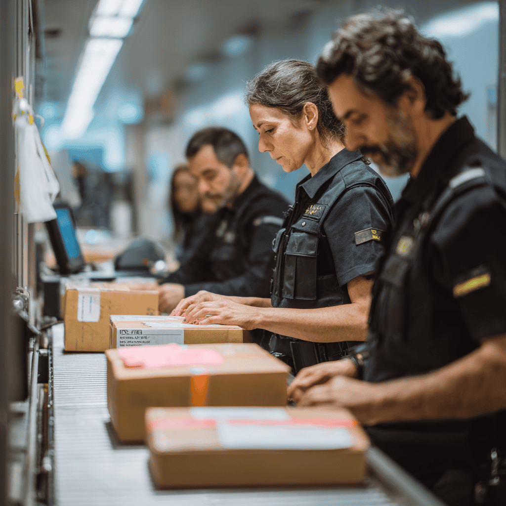 Customs agents inspecting ecommerce packages at an international border facility, reviewing shipping documents and scanning parcels for compliance